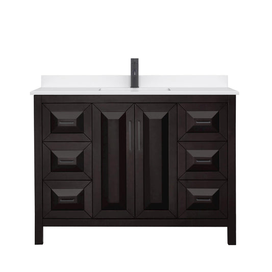 Wyndham Collection Daria 48" Single Bathroom Vanity in Dark Espresso, White Quartz Countertop, Undermount Square Sink (1-Hole), Matte Black Trim