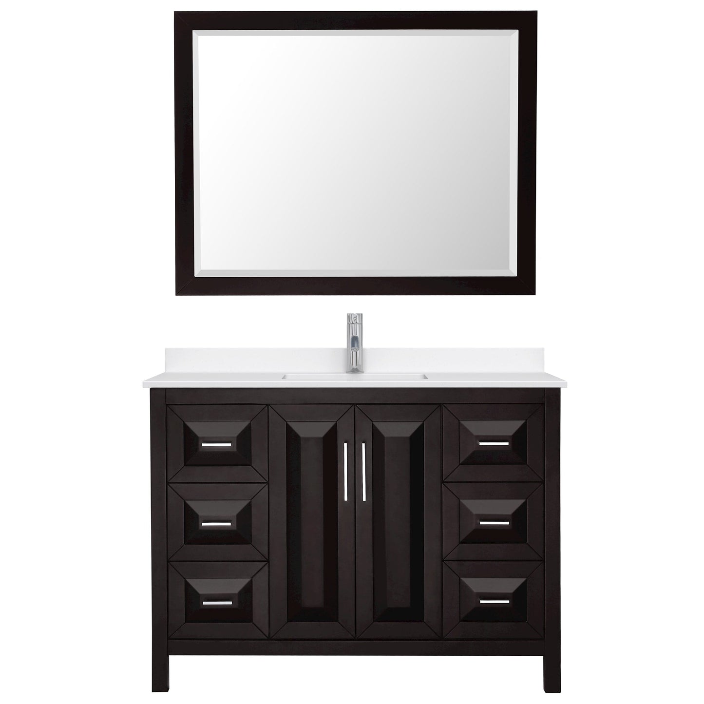 Wyndham Collection Daria 48" Single Bathroom Vanity in Dark Espresso, White Quartz Countertop, Undermount Square Sink (1-Hole), Polished Chrome Trim, 46" Mirror