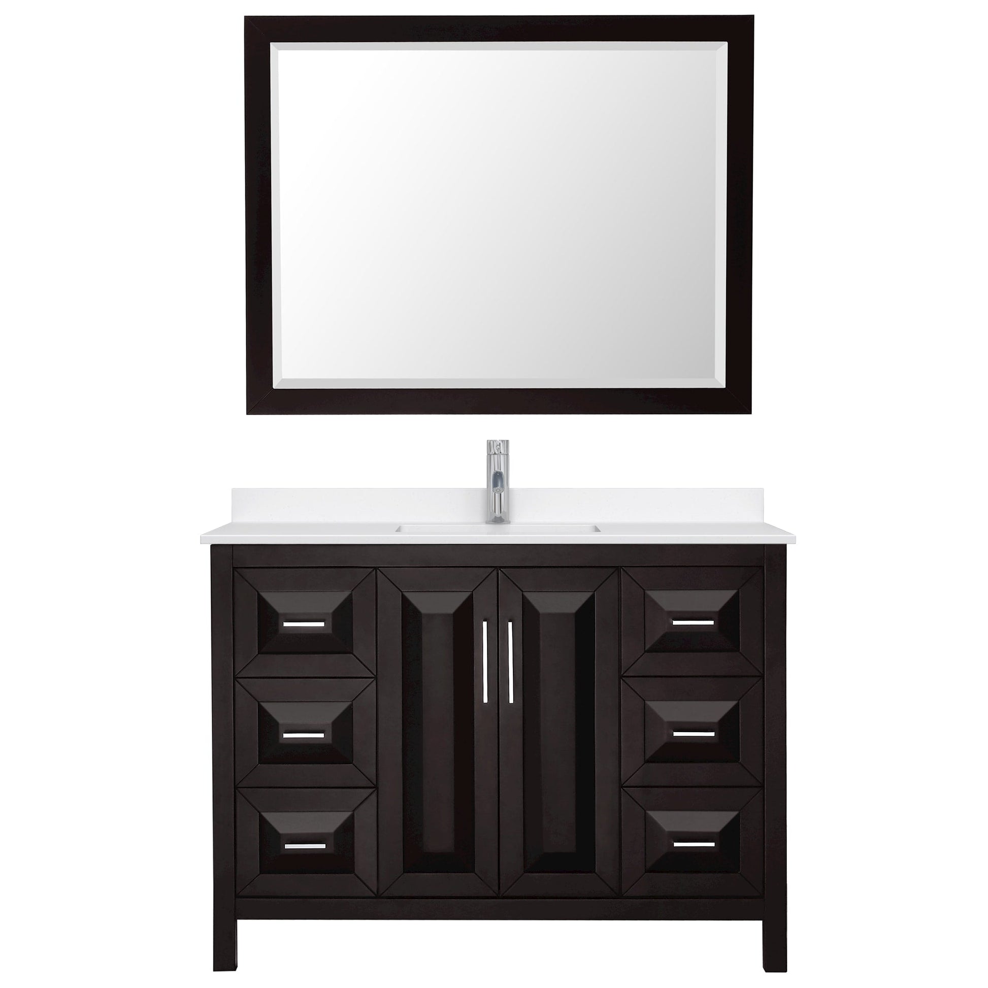 Wyndham Collection Daria 48" Single Bathroom Vanity in Dark Espresso, White Quartz Countertop, Undermount Square Sink (1-Hole), Polished Chrome Trim, 46" Mirror