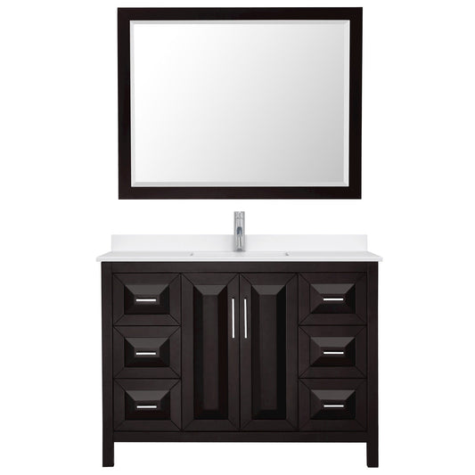 Wyndham Collection Daria 48" Single Bathroom Vanity in Dark Espresso, White Quartz Countertop, Undermount Square Sink (1-Hole), Polished Chrome Trim, 46" Mirror