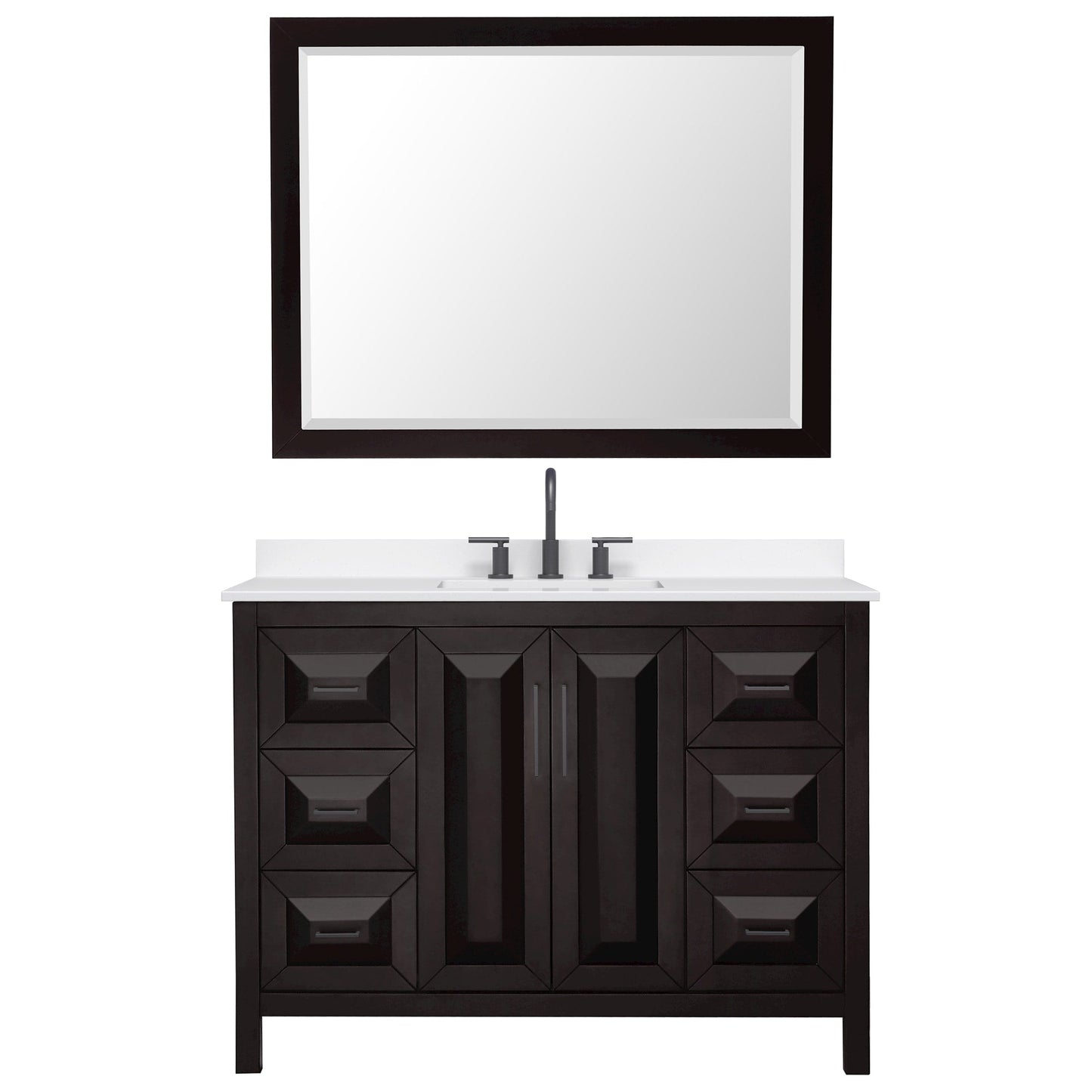 Wyndham Collection Daria 48" Single Bathroom Vanity in Dark Espresso, White Quartz Countertop, Undermount Square Sink (3-Hole), Matte Black Trim, 46" Mirror