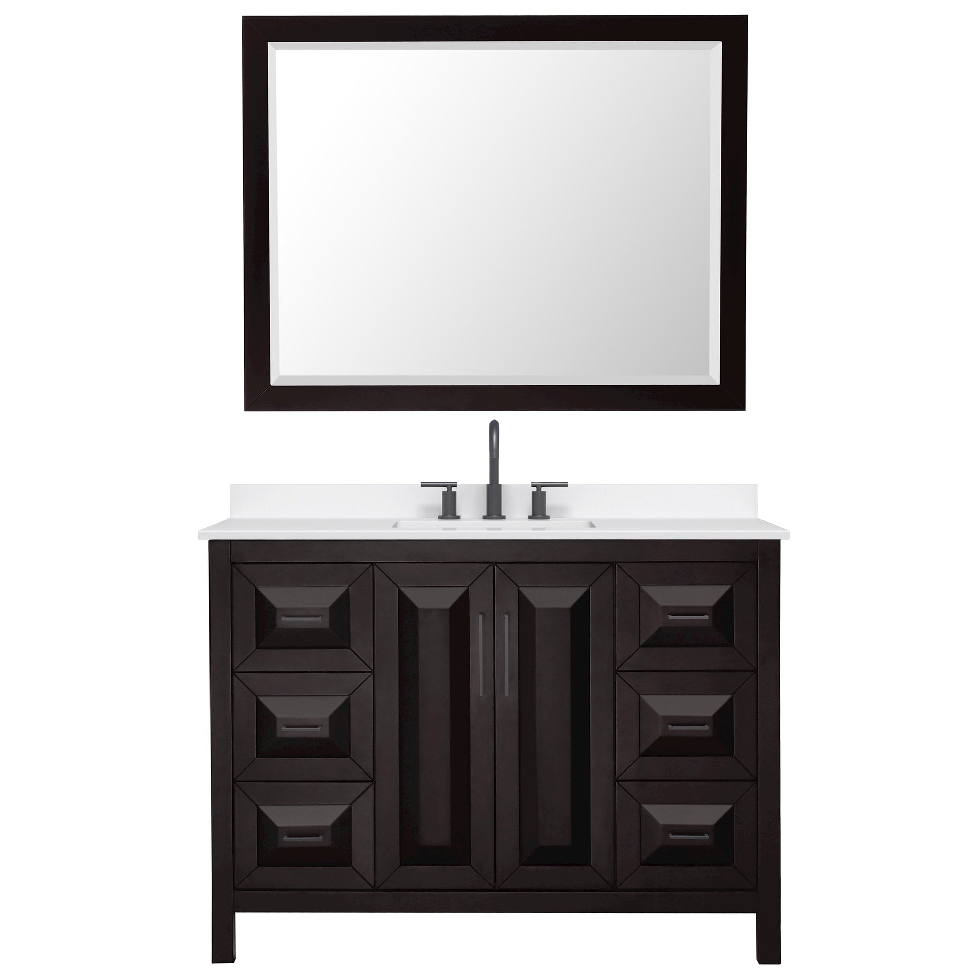 Wyndham Collection Daria 48" Single Bathroom Vanity in Dark Espresso, White Quartz Countertop, Undermount Square Sink (3-Hole), Matte Black Trim, 46" Mirror