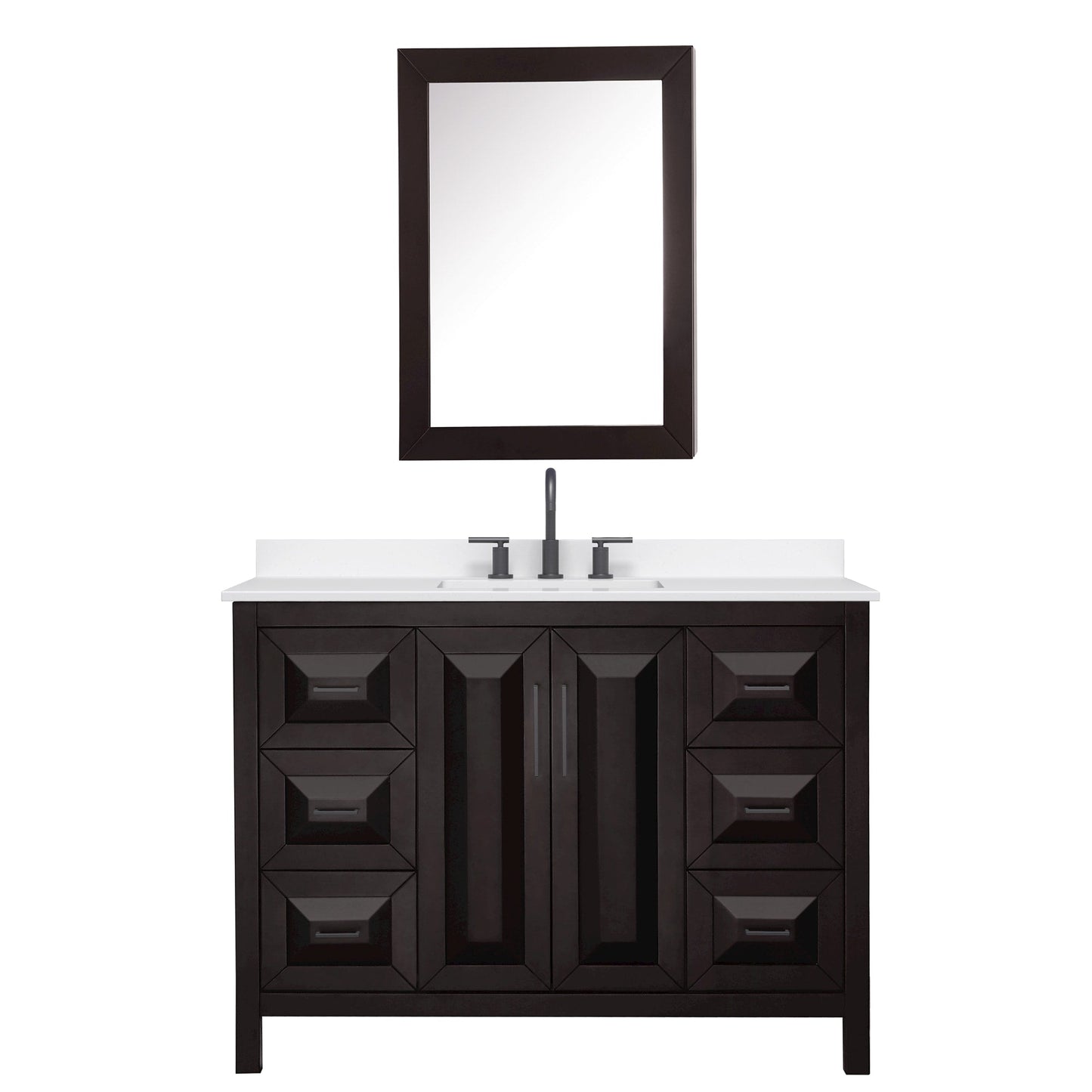 Wyndham Collection Daria 48" Single Bathroom Vanity in Dark Espresso, White Quartz Countertop, Undermount Square Sink (3-Hole), Matte Black Trim, Medicine Cabinet