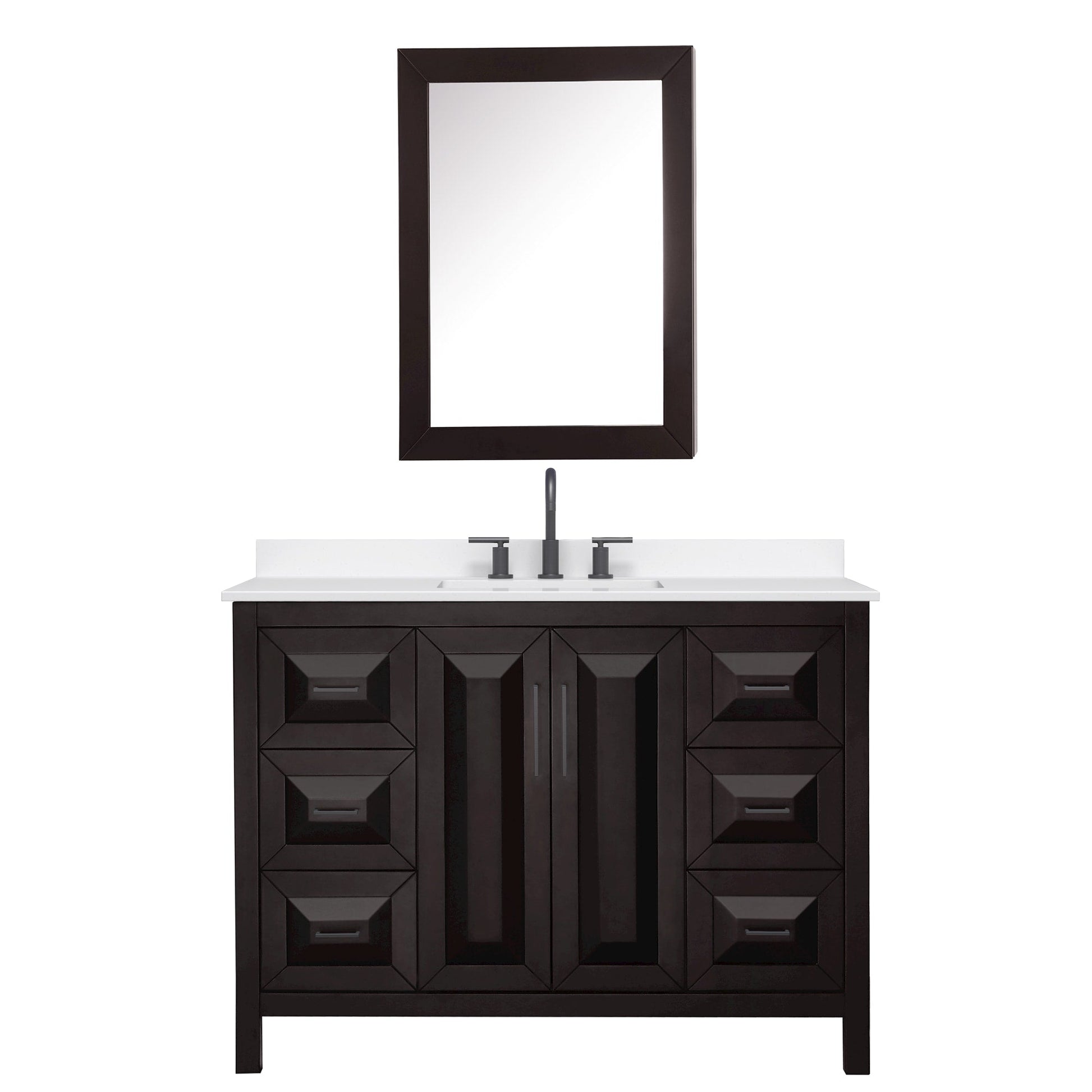 Wyndham Collection Daria 48" Single Bathroom Vanity in Dark Espresso, White Quartz Countertop, Undermount Square Sink (3-Hole), Matte Black Trim, Medicine Cabinet