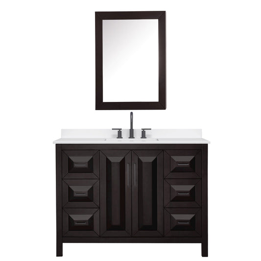 Wyndham Collection Daria 48" Single Bathroom Vanity in Dark Espresso, White Quartz Countertop, Undermount Square Sink (3-Hole), Matte Black Trim, Medicine Cabinet