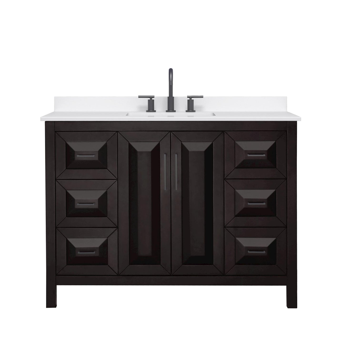 Wyndham Collection Daria 48" Single Bathroom Vanity in Dark Espresso, White Quartz Countertop, Undermount Square Sink (3-Hole), Matte Black Trim