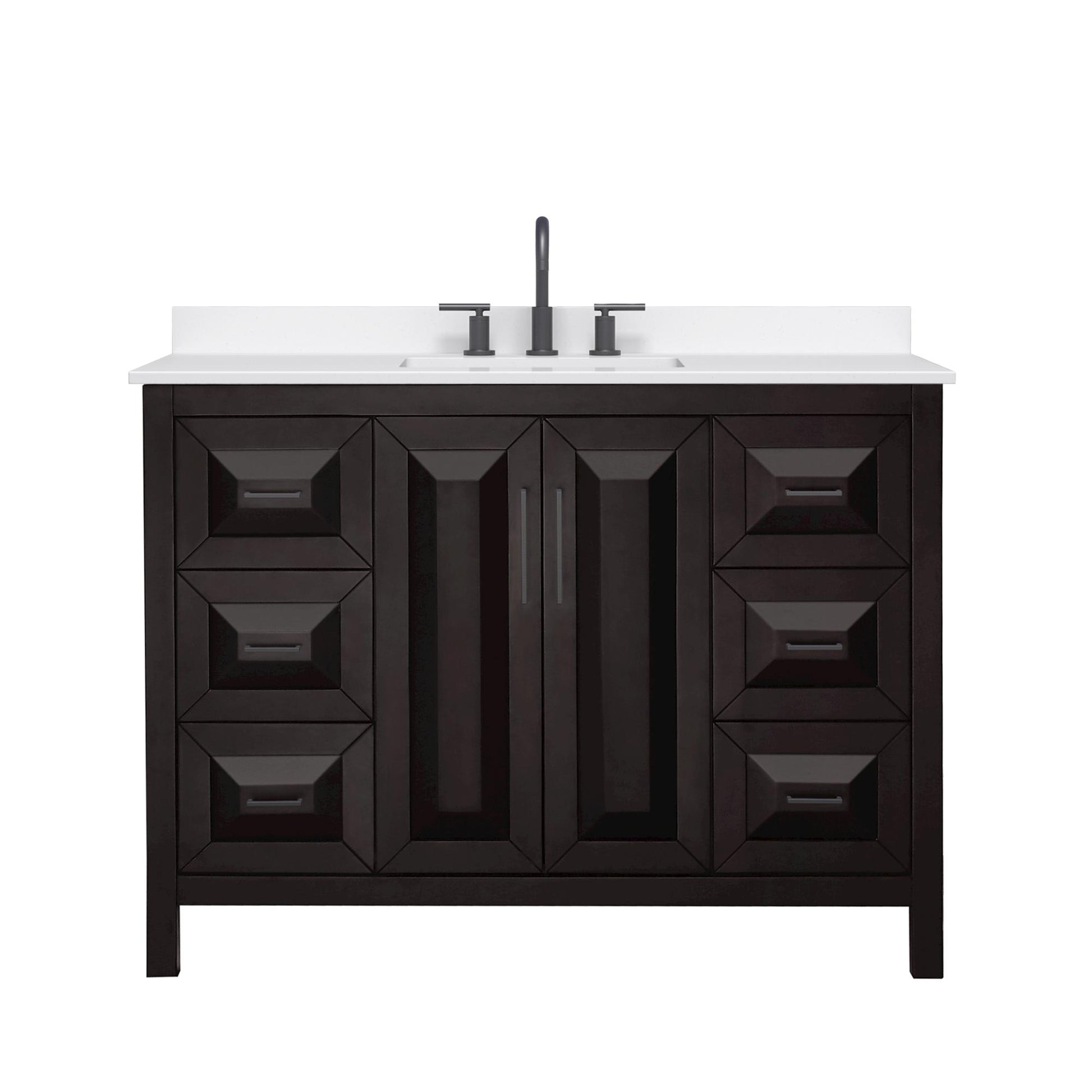 Wyndham Collection Daria 48" Single Bathroom Vanity in Dark Espresso, White Quartz Countertop, Undermount Square Sink (3-Hole), Matte Black Trim
