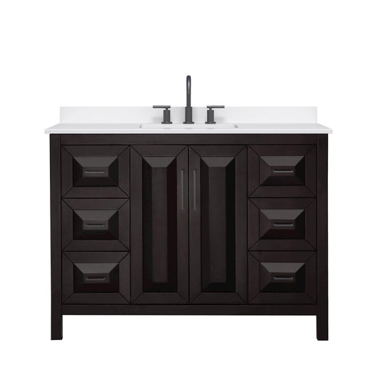 Wyndham Collection Daria 48" Single Bathroom Vanity in Dark Espresso, White Quartz Countertop, Undermount Square Sink (3-Hole), Matte Black Trim