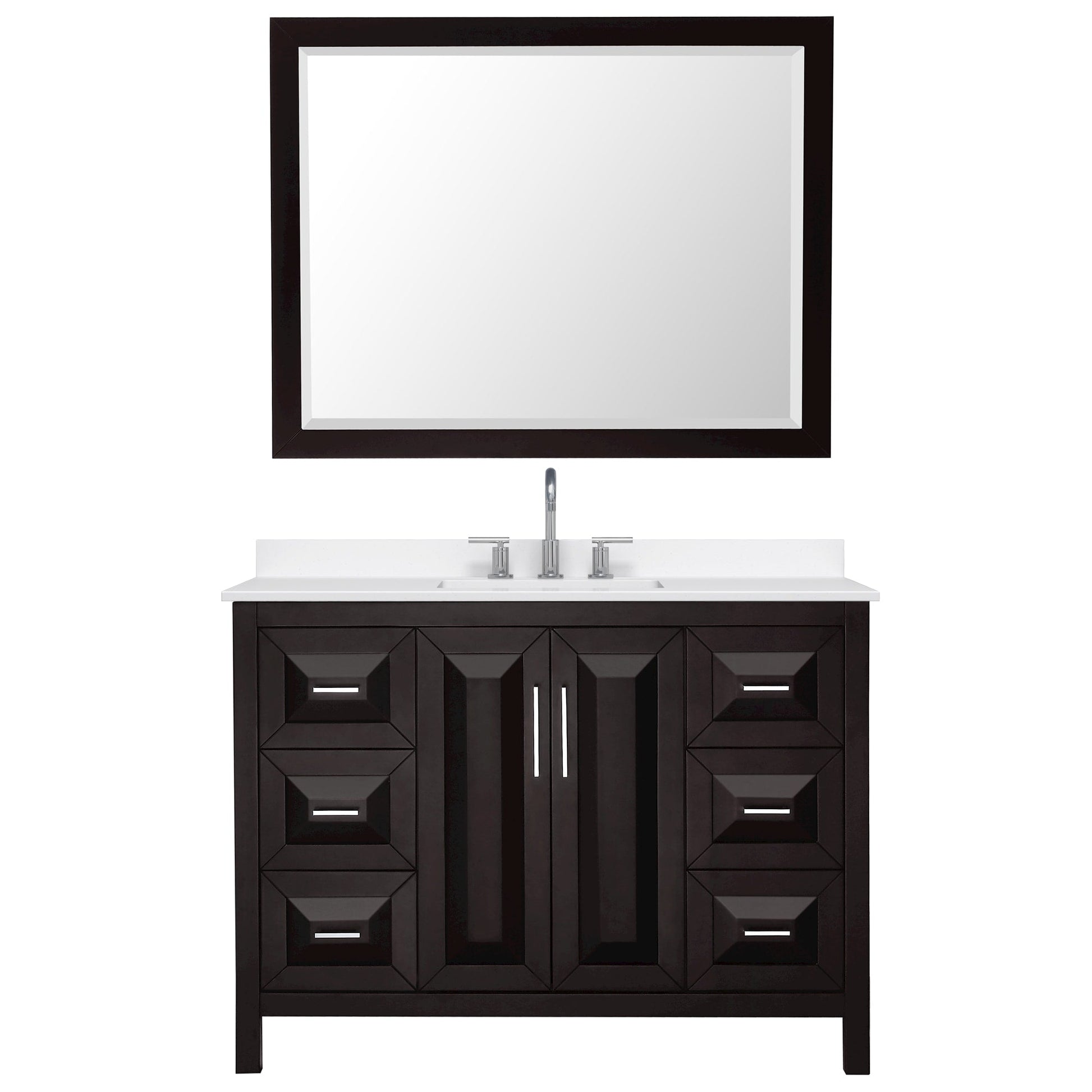 Wyndham Collection Daria 48" Single Bathroom Vanity in Dark Espresso, White Quartz Countertop, Undermount Square Sink (3-Hole), Polished Chrome Trim, 46" Mirror