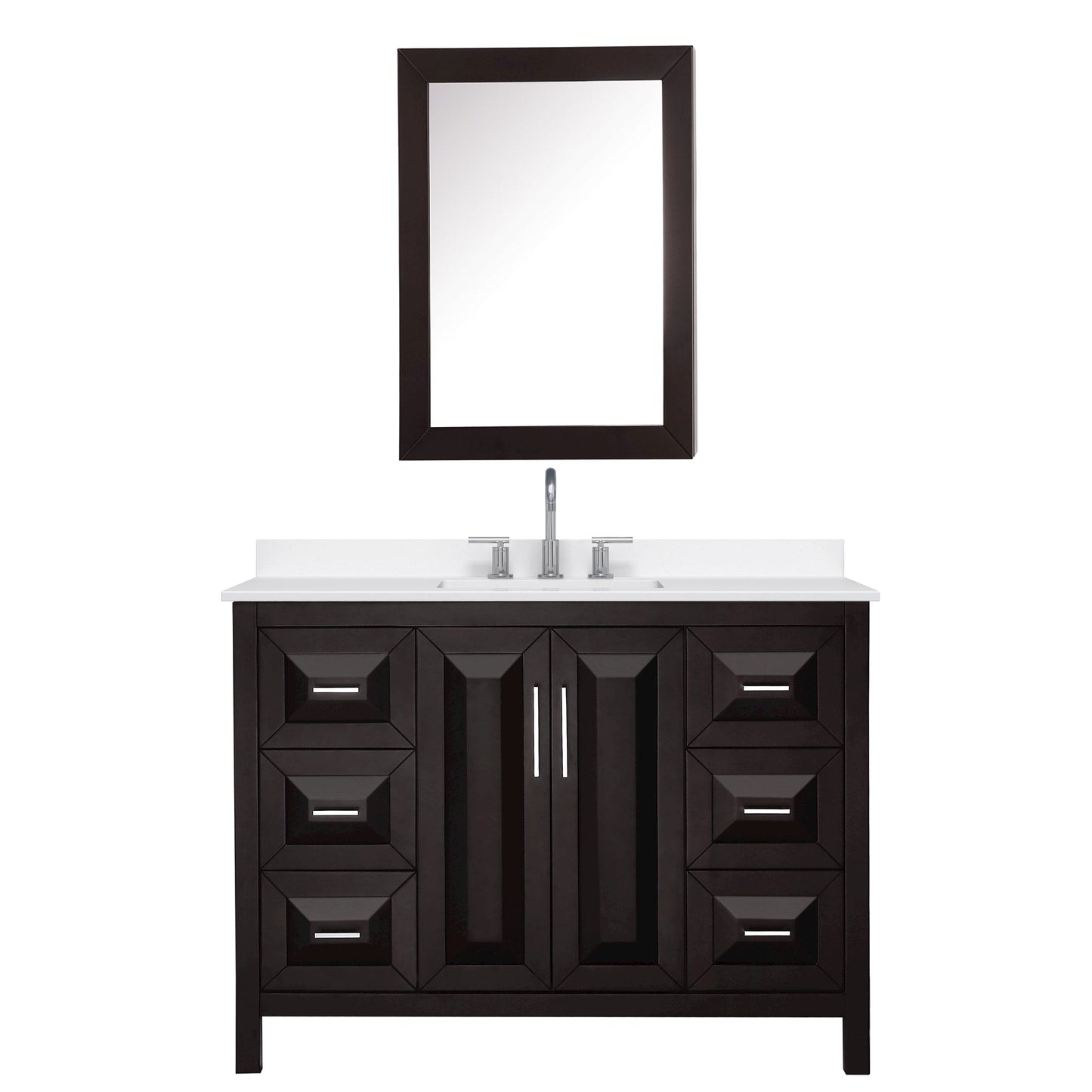 Wyndham Collection Daria 48" Single Bathroom Vanity in Dark Espresso, White Quartz Countertop, Undermount Square Sink (3-Hole), Polished Chrome Trim, Medicine Cabinet
