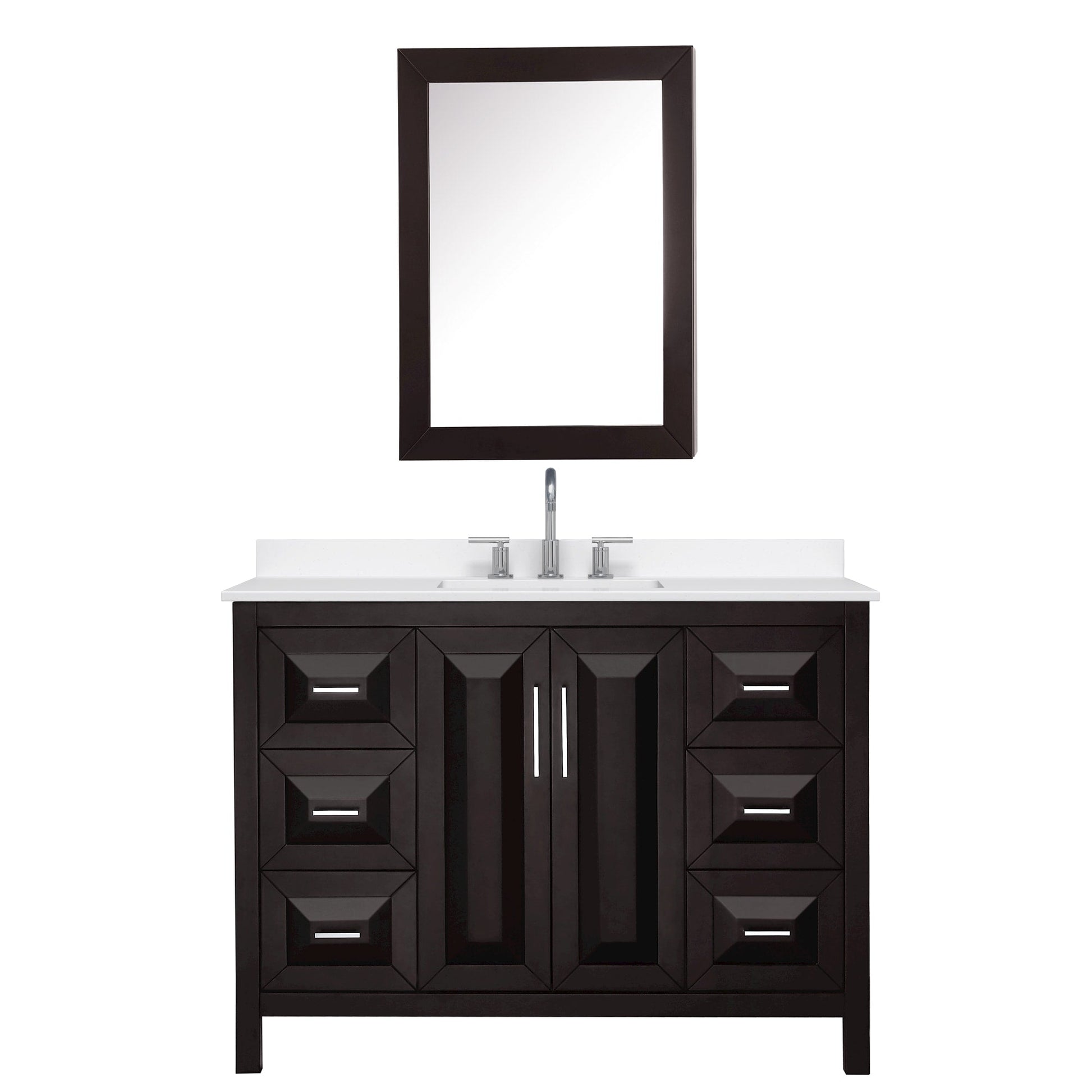 Wyndham Collection Daria 48" Single Bathroom Vanity in Dark Espresso, White Quartz Countertop, Undermount Square Sink (3-Hole), Polished Chrome Trim, Medicine Cabinet
