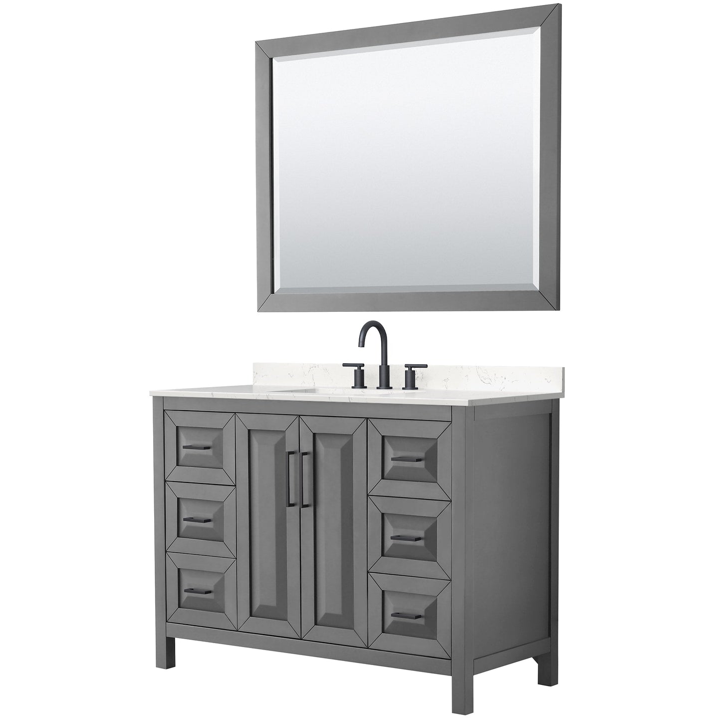 Wyndham Collection Daria 48" Single Bathroom Vanity in Dark Gray, Carrara Cultured Marble Countertop, Undermount Square Sink (3-Hole), Matte Black Trim, 46" Mirror