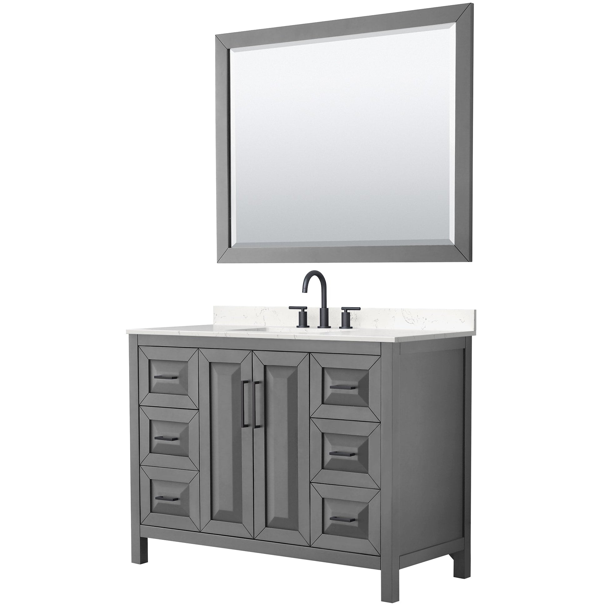 Wyndham Collection Daria 48" Single Bathroom Vanity in Dark Gray, Carrara Cultured Marble Countertop, Undermount Square Sink (3-Hole), Matte Black Trim, 46" Mirror
