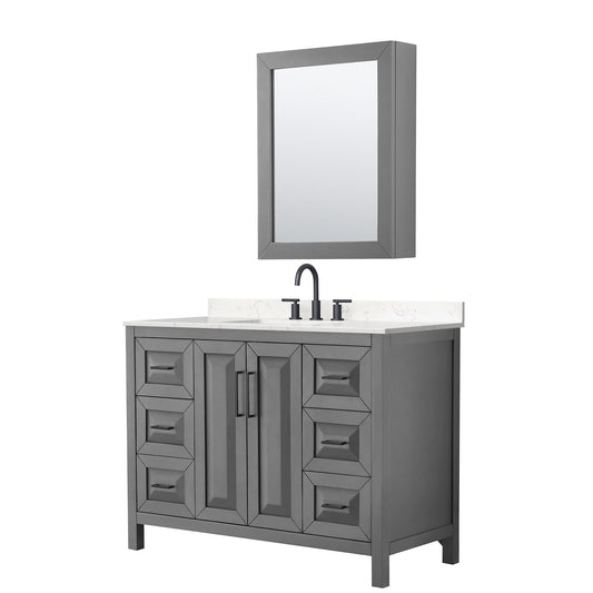 Wyndham Collection Daria 48" Single Bathroom Vanity in Dark Gray, Carrara Cultured Marble Countertop, Undermount Square Sink (3-Hole), Matte Black Trim, Medicine Cabinet