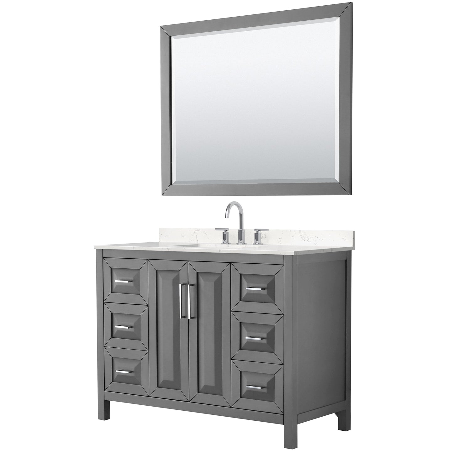 Wyndham Collection Daria 48" Single Bathroom Vanity in Dark Gray, Carrara Cultured Marble Countertop, Undermount Square Sink (3-Hole), Polished Chrome Trim, 46" Mirror