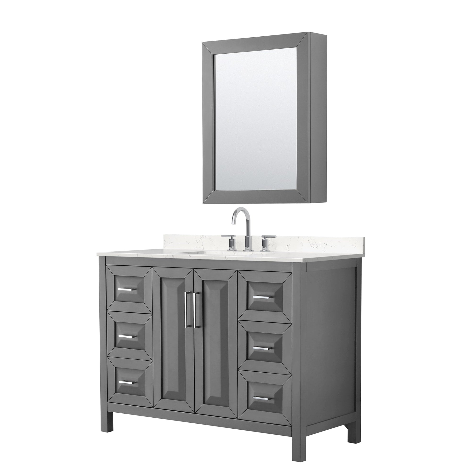 Wyndham Collection Daria 48" Single Bathroom Vanity in Dark Gray, Carrara Cultured Marble Countertop, Undermount Square Sink (3-Hole), Polished Chrome Trim, Medicine Cabinet