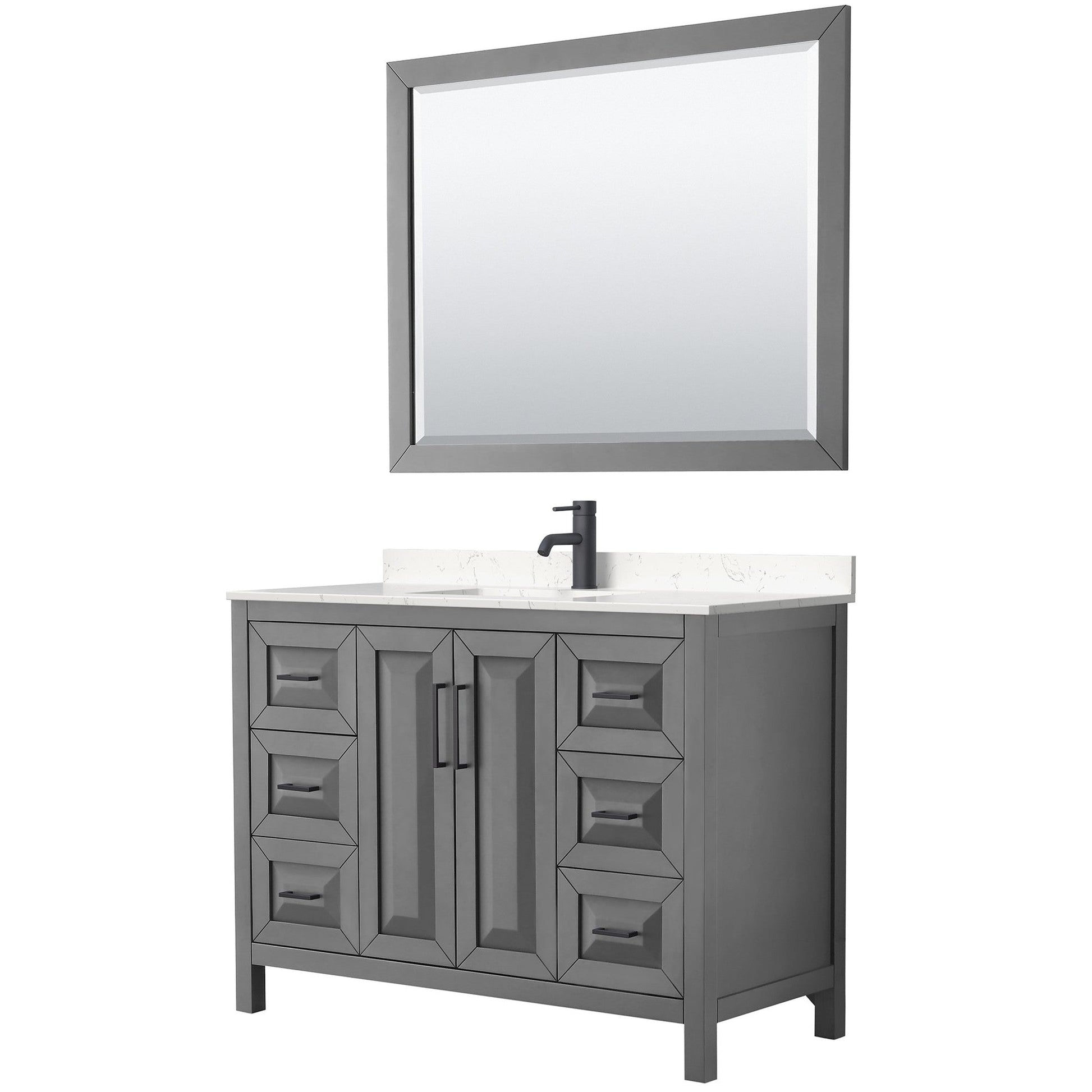 Wyndham Collection Daria 48" Single Bathroom Vanity in Dark Gray, Carrara Cultured Marble Countertop, Undermount Square Sink, Matte Black Trim, 46" Mirror