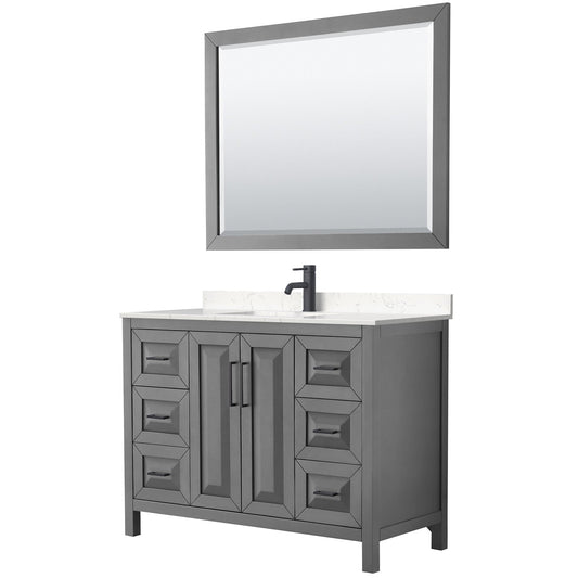 Wyndham Collection Daria 48" Single Bathroom Vanity in Dark Gray, Carrara Cultured Marble Countertop, Undermount Square Sink, Matte Black Trim, 46" Mirror