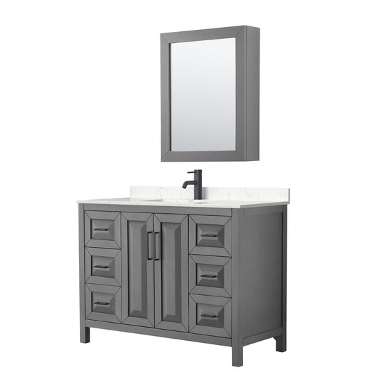 Wyndham Collection Daria 48" Single Bathroom Vanity in Dark Gray, Carrara Cultured Marble Countertop, Undermount Square Sink, Matte Black Trim, Medicine Cabinet