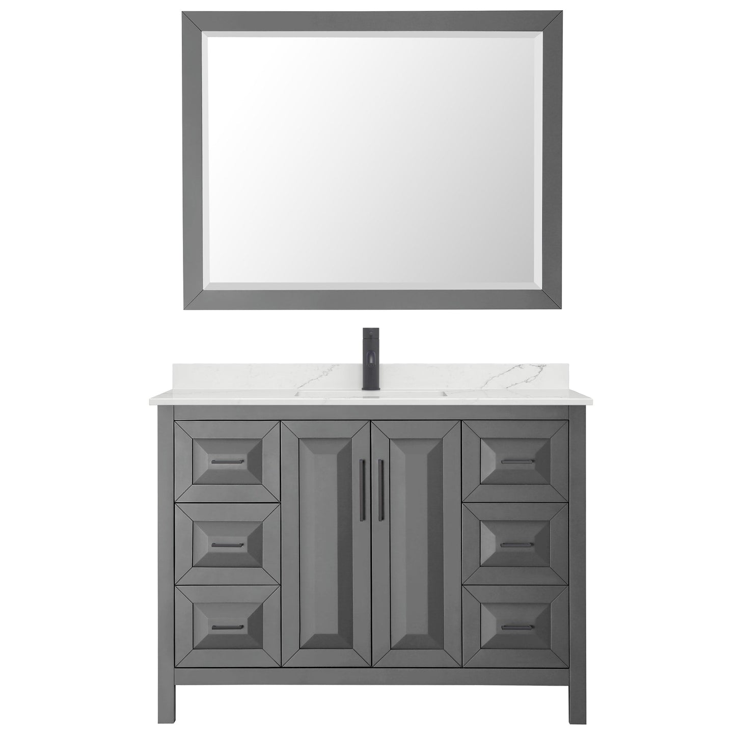 Wyndham Collection Daria 48" Single Bathroom Vanity in Dark Gray, Giotto Quartz Countertop, Undermount Square Sink (1-Hole), Matte Black Trim, 46" Mirror