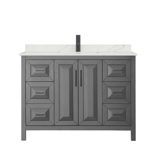 Wyndham Collection Daria 48" Single Bathroom Vanity in Dark Gray, Giotto Quartz Countertop, Undermount Square Sink (1-Hole), Matte Black Trim