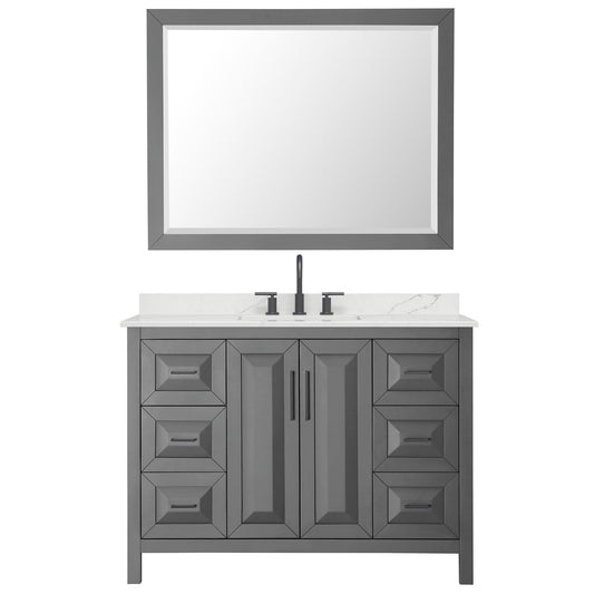 Wyndham Collection Daria 48" Single Bathroom Vanity in Dark Gray, Giotto Quartz Countertop, Undermount Square Sink (3-Hole), Matte Black Trim, 46" Mirror