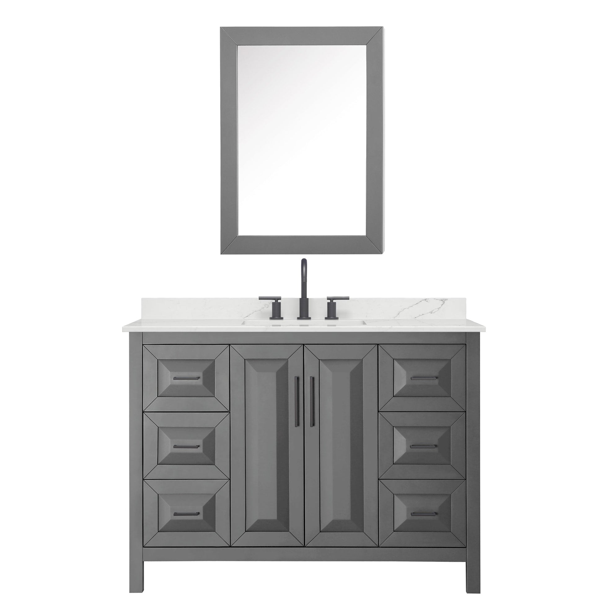 Wyndham Collection Daria 48" Single Bathroom Vanity in Dark Gray, Giotto Quartz Countertop, Undermount Square Sink (3-Hole), Matte Black Trim, Medicine Cabinet