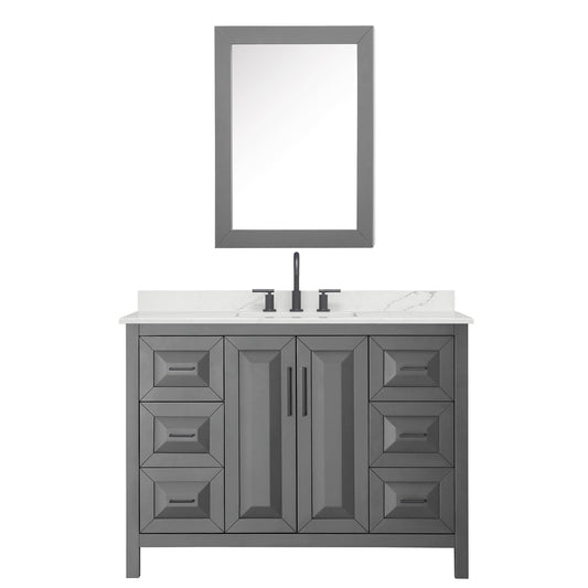 Wyndham Collection Daria 48" Single Bathroom Vanity in Dark Gray, Giotto Quartz Countertop, Undermount Square Sink (3-Hole), Matte Black Trim, Medicine Cabinet