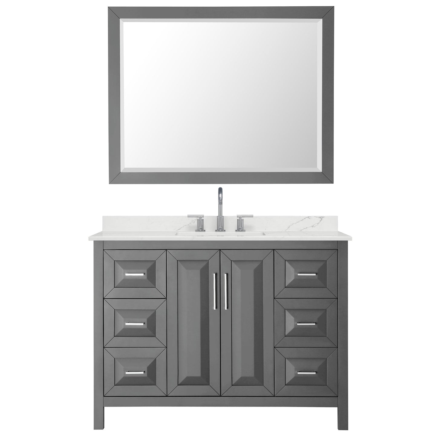 Wyndham Collection Daria 48" Single Bathroom Vanity in Dark Gray, Giotto Quartz Countertop, Undermount Square Sink (3-Hole), Polished Chrome Trim, 46" Mirror