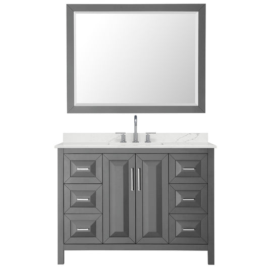 Wyndham Collection Daria 48" Single Bathroom Vanity in Dark Gray, Giotto Quartz Countertop, Undermount Square Sink (3-Hole), Polished Chrome Trim, 46" Mirror