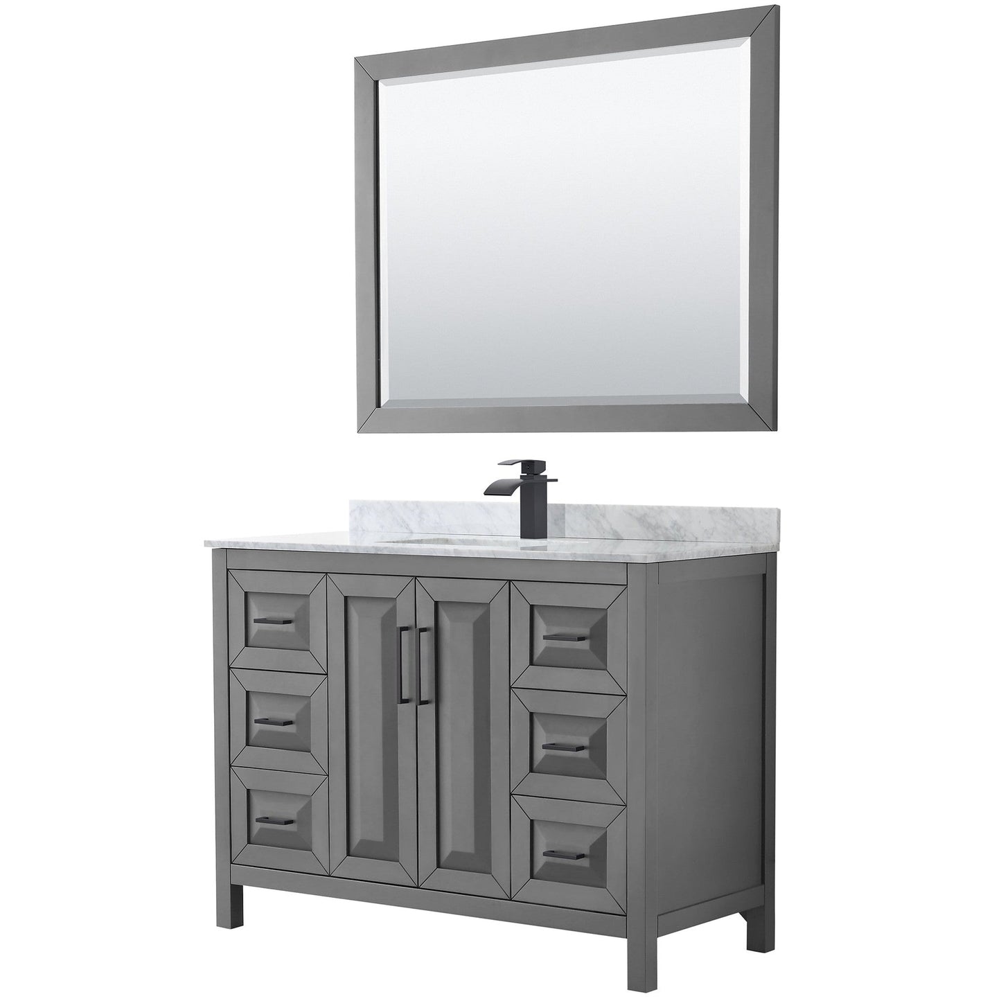 Wyndham Collection Daria 48" Single Bathroom Vanity in Dark Gray, White Carrara Marble Countertop, Undermount Square Sink, Matte Black Trim, 46" Mirror