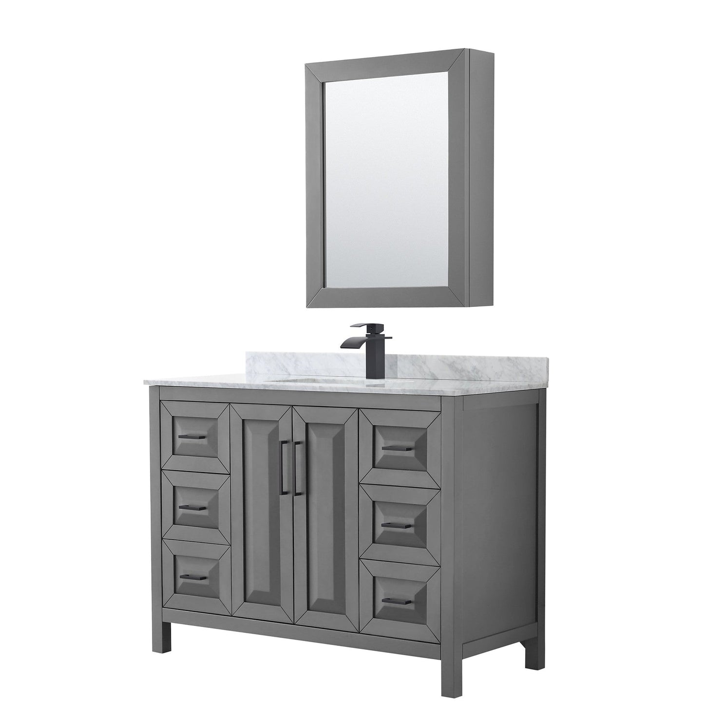 Wyndham Collection Daria 48" Single Bathroom Vanity in Dark Gray, White Carrara Marble Countertop, Undermount Square Sink, Matte Black Trim, Medicine Cabinet