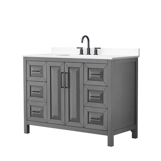 Wyndham Collection Daria 48" Single Bathroom Vanity in Dark Gray, White Cultured Marble Countertop, Undermount Square Sink (3-Hole), Matte Black Trim