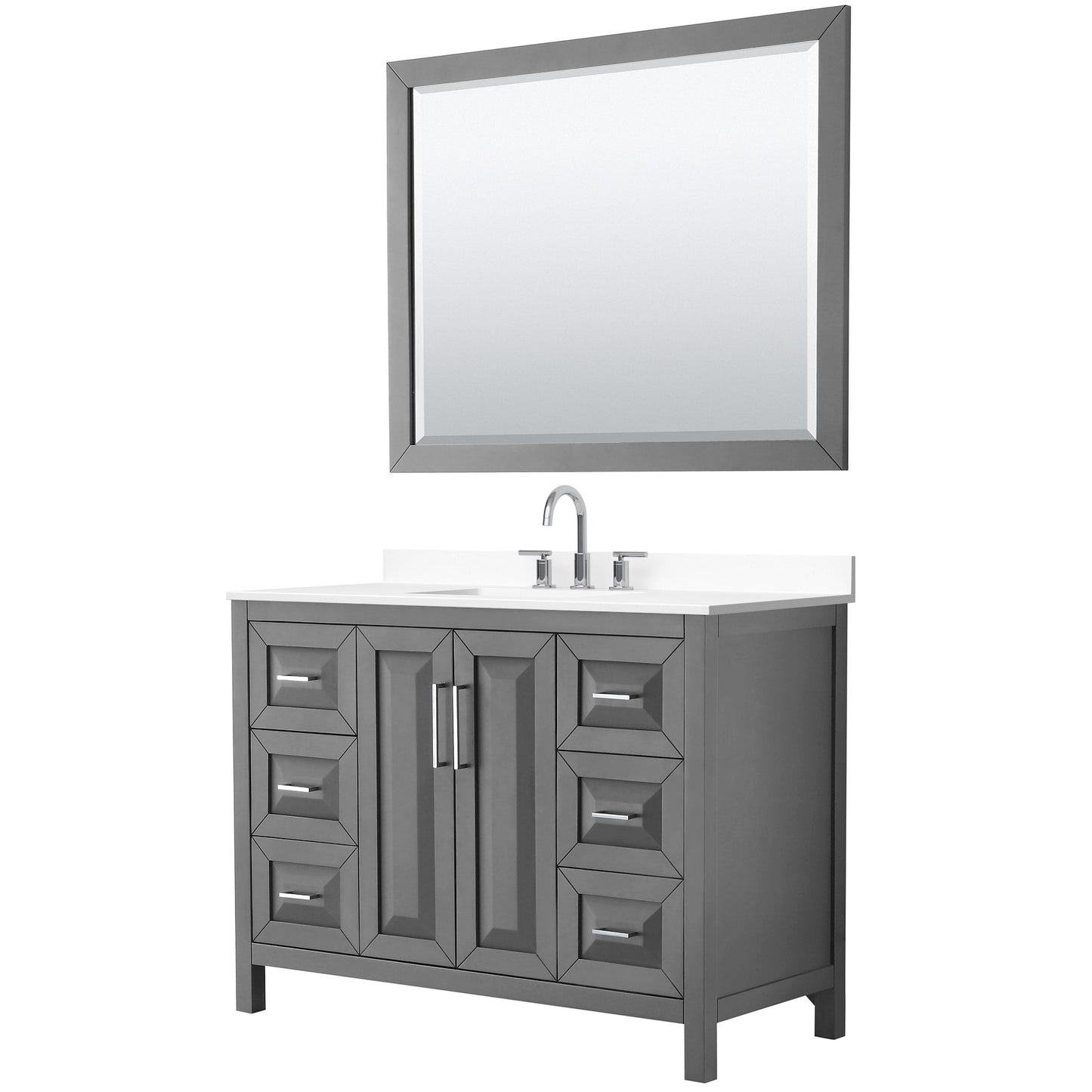 Wyndham Collection Daria 48" Single Bathroom Vanity in Dark Gray, White Cultured Marble Countertop, Undermount Square Sink (3-Hole), Polished Chrome Trim, 46" Mirror