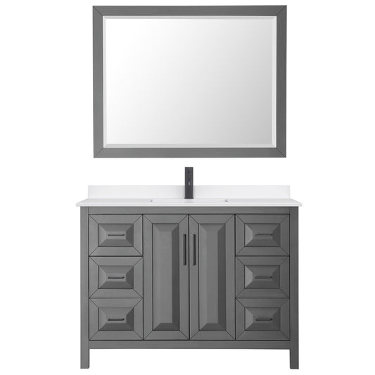 Wyndham Collection Daria 48" Single Bathroom Vanity in Dark Gray, White Quartz Countertop, Undermount Square Sink (1-Hole), Matte Black Trim, 46" Mirror
