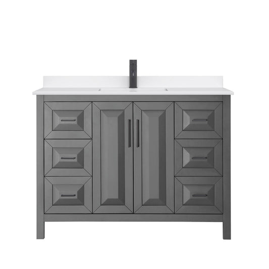 Wyndham Collection Daria 48" Single Bathroom Vanity in Dark Gray, White Quartz Countertop, Undermount Square Sink (1-Hole), Matte Black Trim