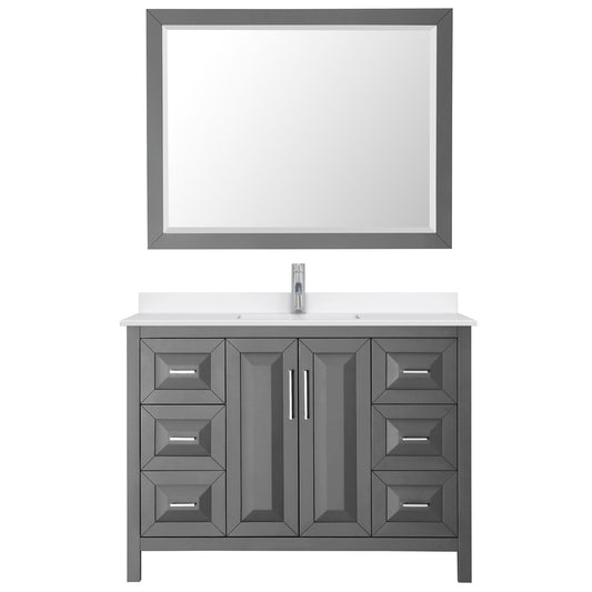 Wyndham Collection Daria 48" Single Bathroom Vanity in Dark Gray, White Quartz Countertop, Undermount Square Sink (1-Hole), Polished Chrome Trim, 46" Mirror