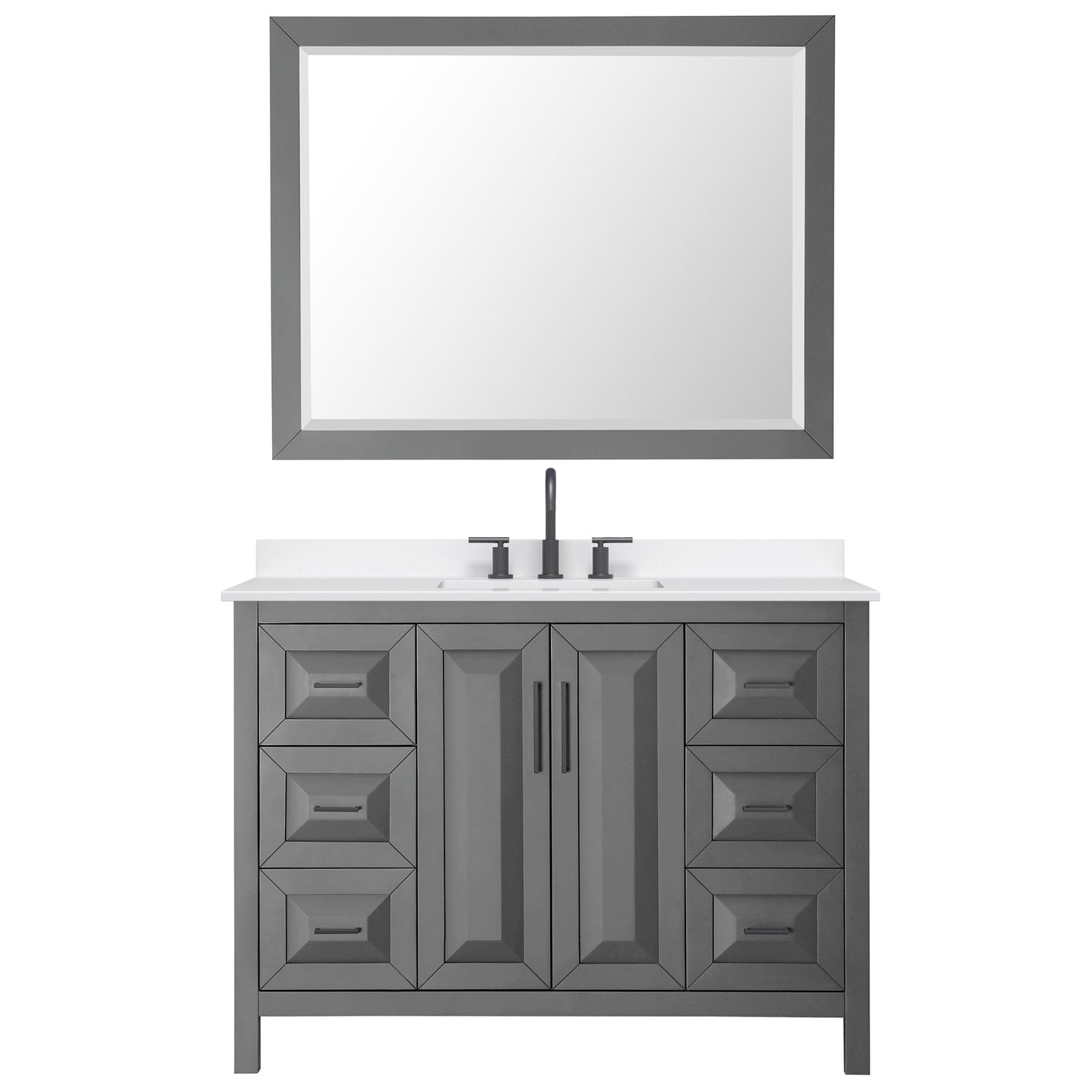 Wyndham Collection Daria 48" Single Bathroom Vanity in Dark Gray, White Quartz Countertop, Undermount Square Sink (3-Hole), Matte Black Trim, 46" Mirror