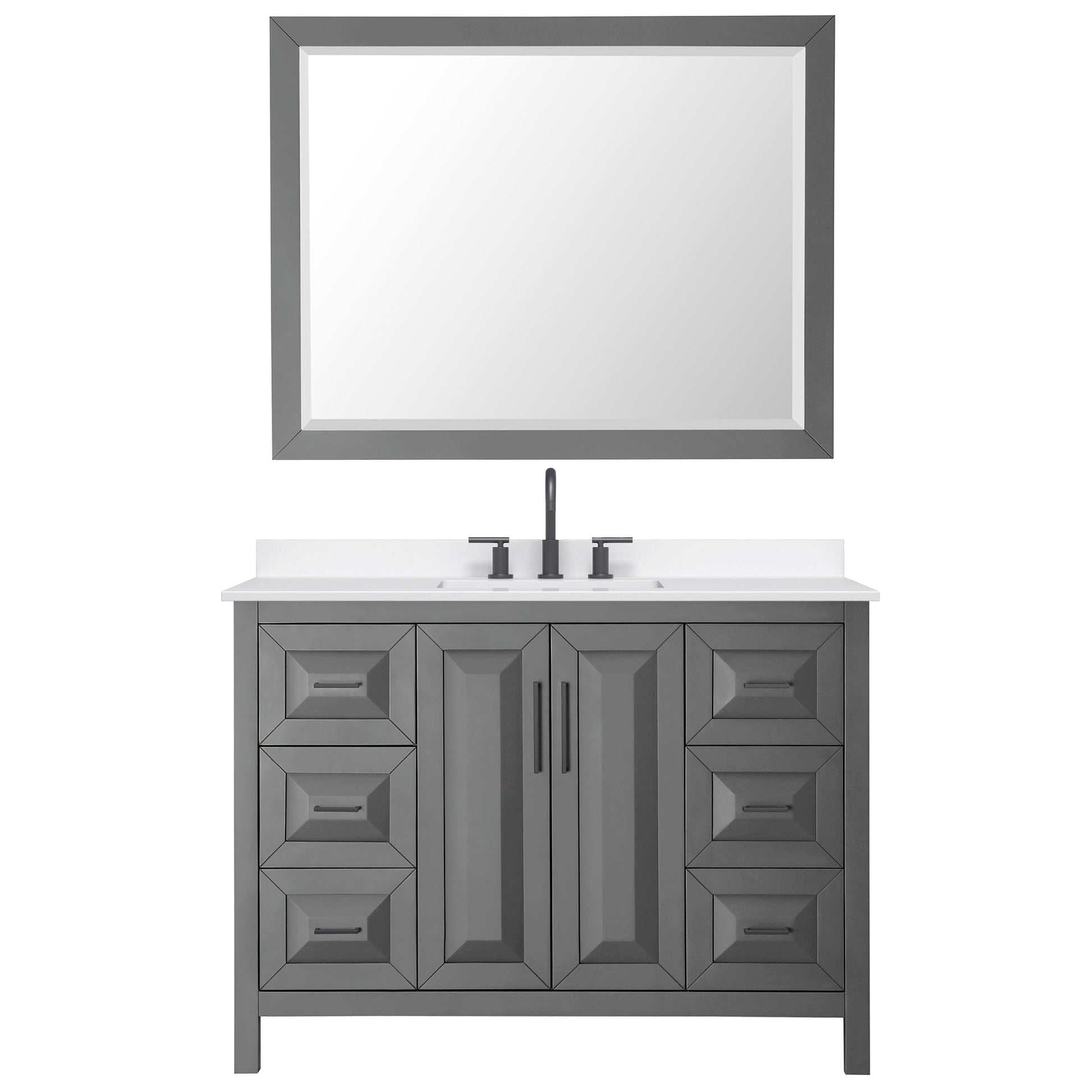 Wyndham Collection Daria 48" Single Bathroom Vanity in Dark Gray, White Quartz Countertop, Undermount Square Sink (3-Hole), Matte Black Trim, 46" Mirror
