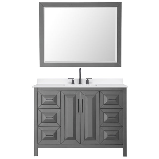 Wyndham Collection Daria 48" Single Bathroom Vanity in Dark Gray, White Quartz Countertop, Undermount Square Sink (3-Hole), Matte Black Trim, 46" Mirror