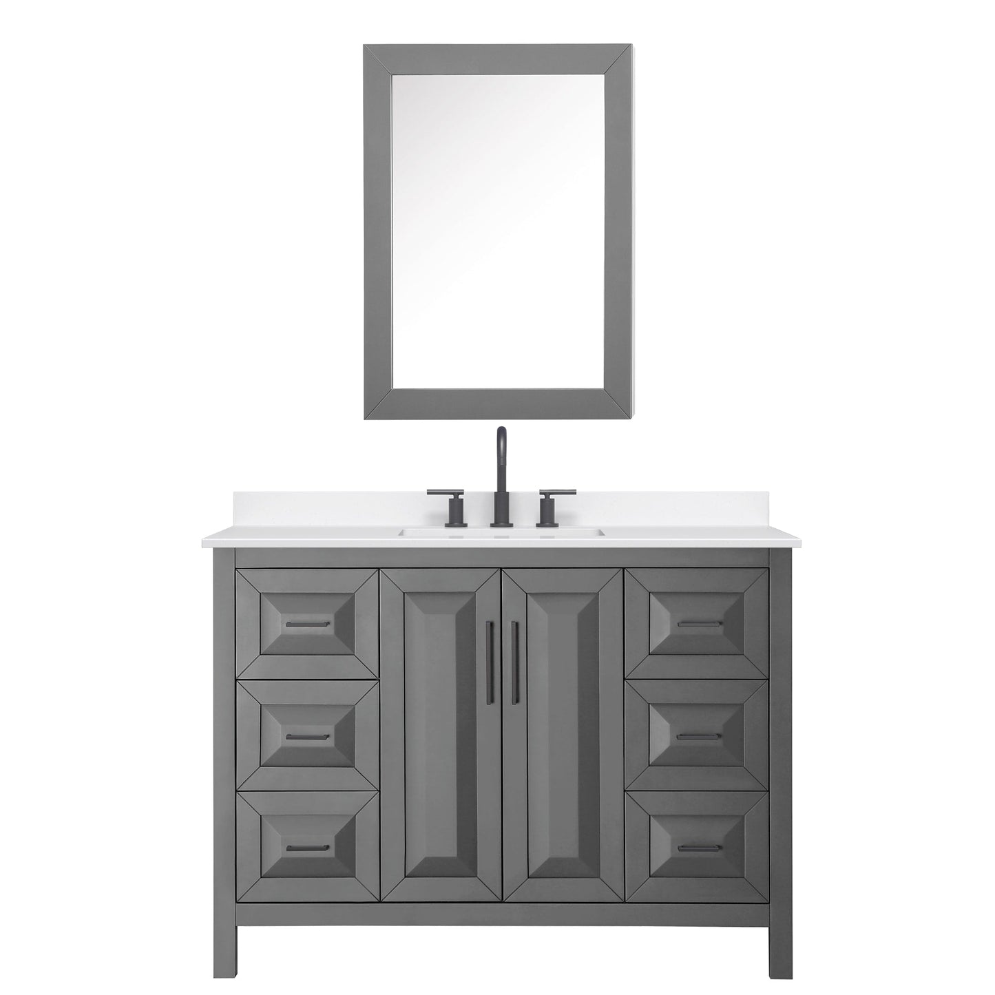 Wyndham Collection Daria 48" Single Bathroom Vanity in Dark Gray, White Quartz Countertop, Undermount Square Sink (3-Hole), Matte Black Trim, Medicine Cabinet
