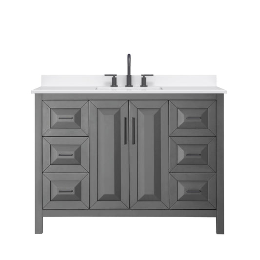 Wyndham Collection Daria 48" Single Bathroom Vanity in Dark Gray, White Quartz Countertop, Undermount Square Sink (3-Hole), Matte Black Trim