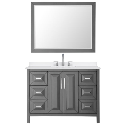 Wyndham Collection Daria 48" Single Bathroom Vanity in Dark Gray, White Quartz Countertop, Undermount Square Sink (3-Hole), Polished Chrome Trim, 46" Mirror