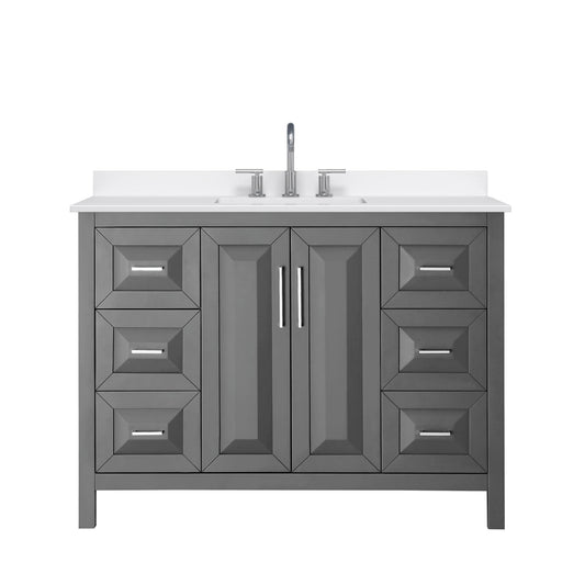 Wyndham Collection Daria 48" Single Bathroom Vanity in Dark Gray, White Quartz Countertop, Undermount Square Sink (3-Hole), Polished Chrome Trim
