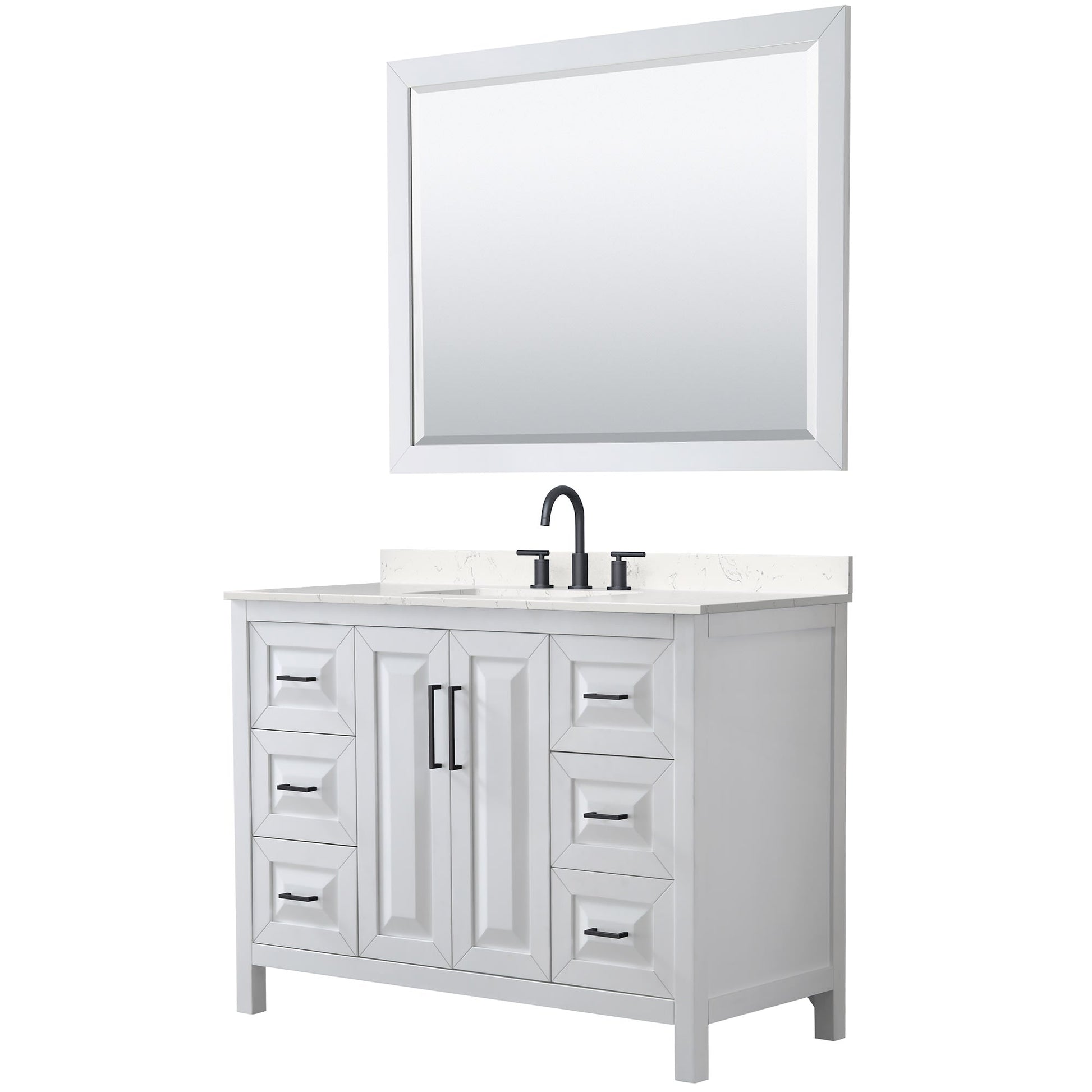 Wyndham Collection Daria 48" Single Bathroom Vanity in White, Carrara Cultured Marble Countertop, Undermount Square Sink (3-Hole), Matte Black Trim, 46" Mirror