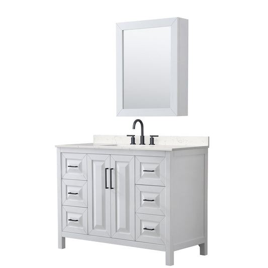 Wyndham Collection Daria 48" Single Bathroom Vanity in White, Carrara Cultured Marble Countertop, Undermount Square Sink (3-Hole), Matte Black Trim, Medicine Cabinet