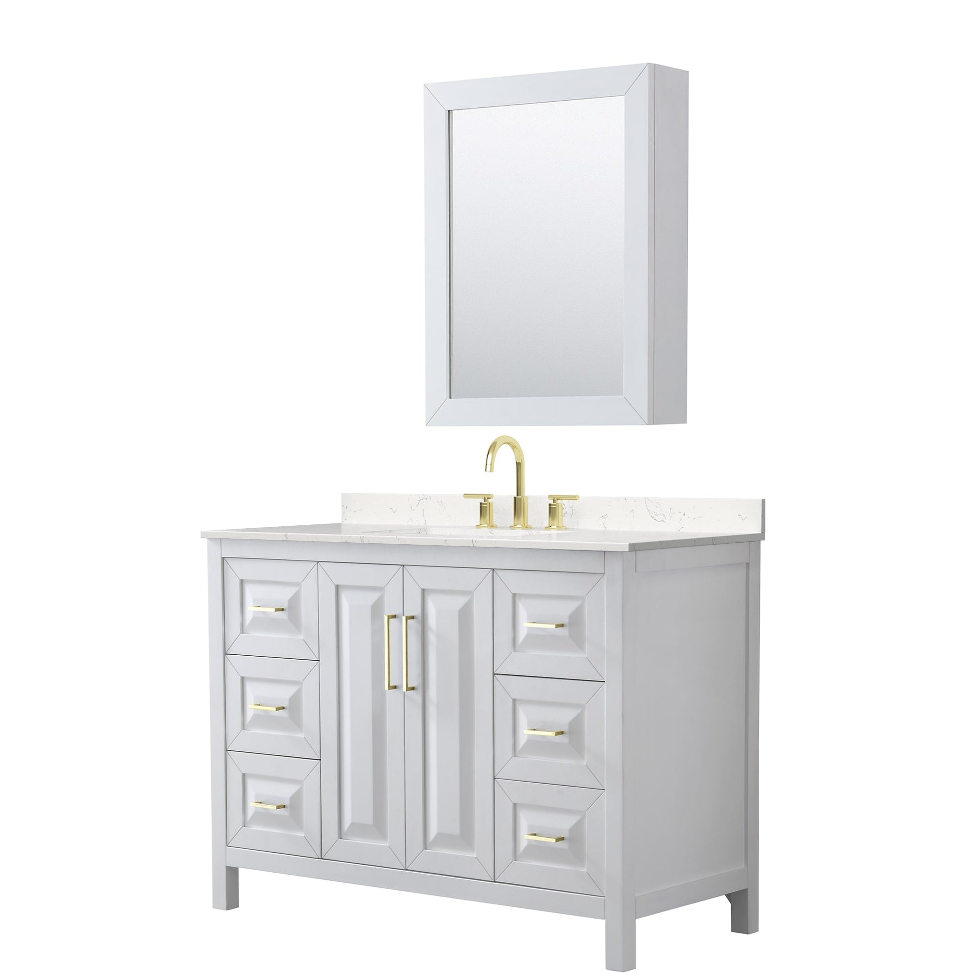 Wyndham Collection Daria 48" Single Bathroom Vanity in White, Carrara Cultured Marble Countertop, Undermount Square Sink (3-Hole), Medicine Cabinet, Brushed Gold Trim