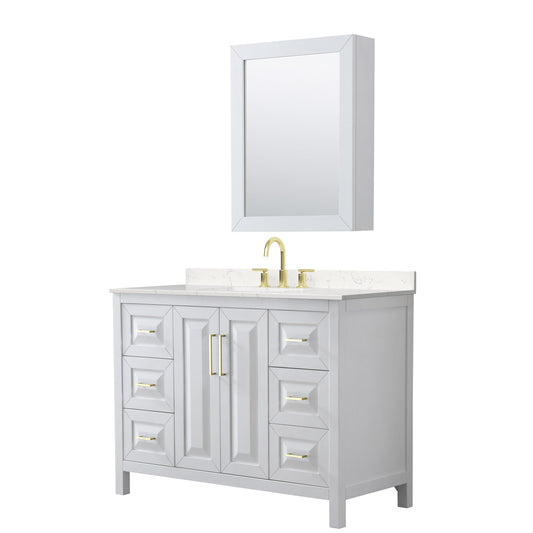 Wyndham Collection Daria 48" Single Bathroom Vanity in White, Carrara Cultured Marble Countertop, Undermount Square Sink (3-Hole), Medicine Cabinet, Brushed Gold Trim