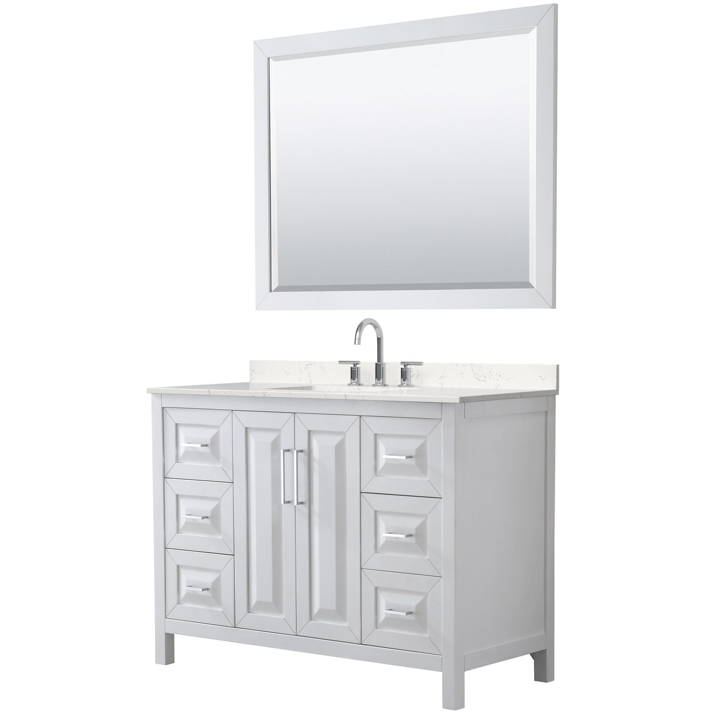 Wyndham Collection Daria 48" Single Bathroom Vanity in White, Carrara Cultured Marble Countertop, Undermount Square Sink (3-Hole), Polished Chrome Trim, 46" Mirror