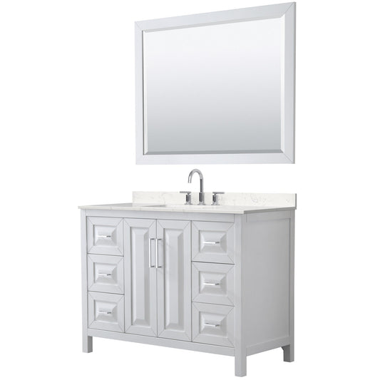 Wyndham Collection Daria 48" Single Bathroom Vanity in White, Carrara Cultured Marble Countertop, Undermount Square Sink (3-Hole), Polished Chrome Trim, 46" Mirror